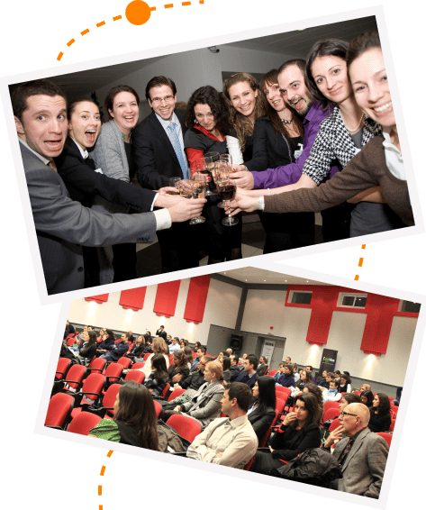 Top photo: group of colleagues toasting with drinks. Bottom photo: audience seated in conference room.